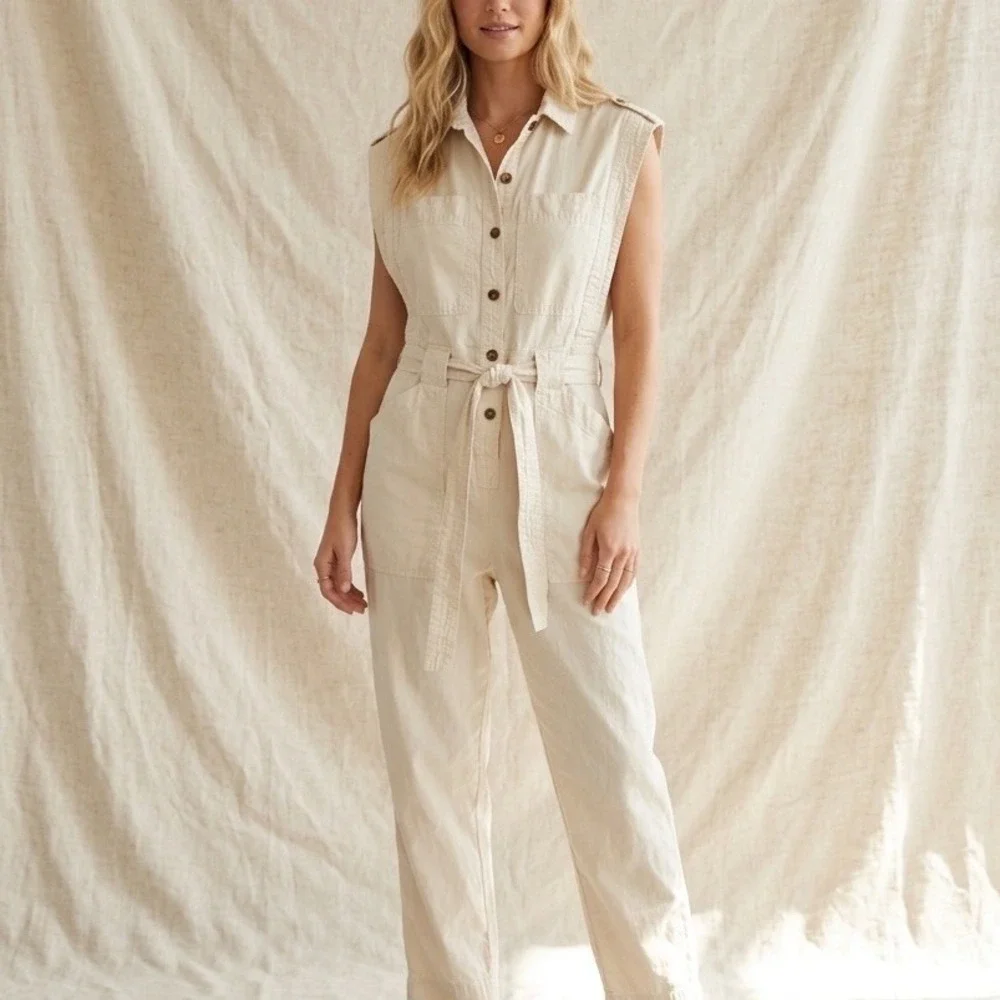 Banana Republic Jumpsuit Women's Sz Small Beige Linen Blend Belted Sleeveless‎